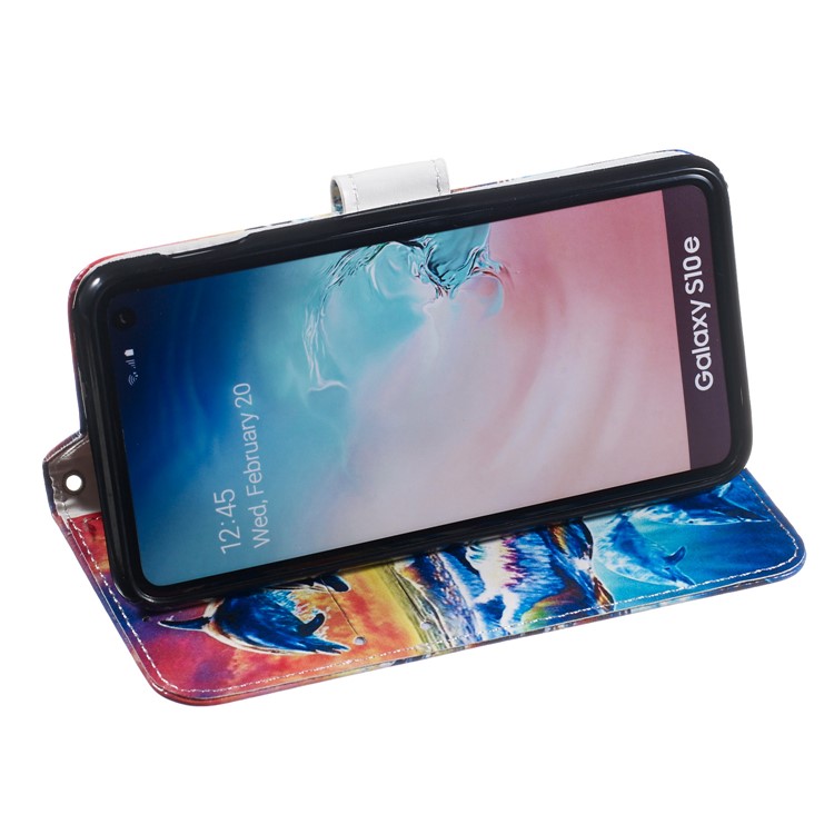 Estojo De Couro Carteira De Impressão Padrão Estande Para Samsung Galaxy S10e - Golfinho-6