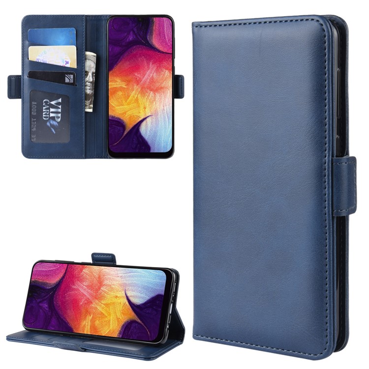 Dual-clasp Leather Wallet Stand Phone Case Cover for Samsung Galaxy A50 - Dark Blue-1