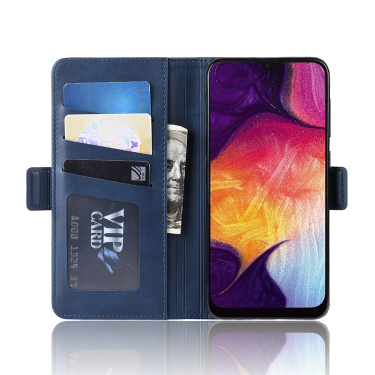 Dual-clasp Leather Wallet Stand Phone Case Cover for Samsung Galaxy A50 - Dark Blue-6