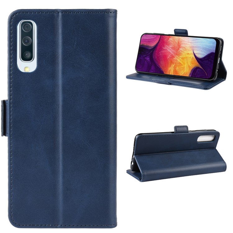 Dual-clasp Leather Wallet Stand Phone Case Cover for Samsung Galaxy A50 - Dark Blue-8