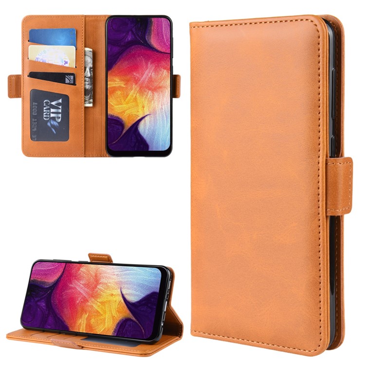 Dual-clasp Leather Wallet Stand Phone Case Cover for Samsung Galaxy A50 - Light Brown-1