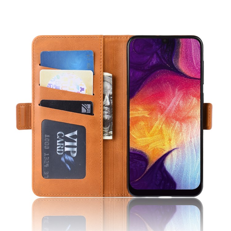 Dual-clasp Leather Wallet Stand Phone Case Cover for Samsung Galaxy A50 - Light Brown-5