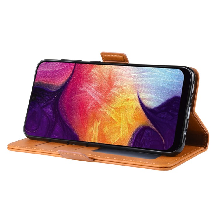 Dual-clasp Leather Wallet Stand Phone Case Cover for Samsung Galaxy A50 - Light Brown-6