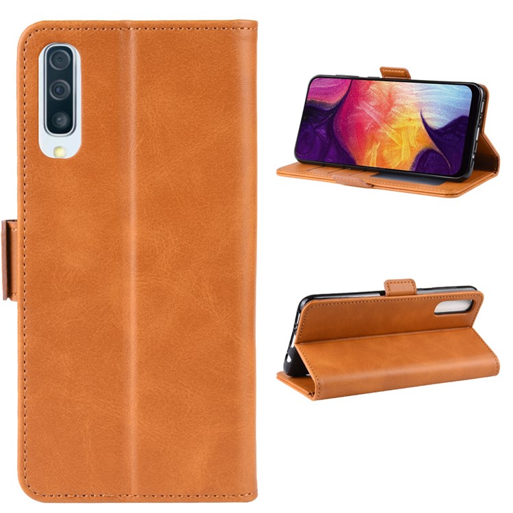 Dual-clasp Leather Wallet Stand Phone Case Cover for Samsung Galaxy A50 - Light Brown-7