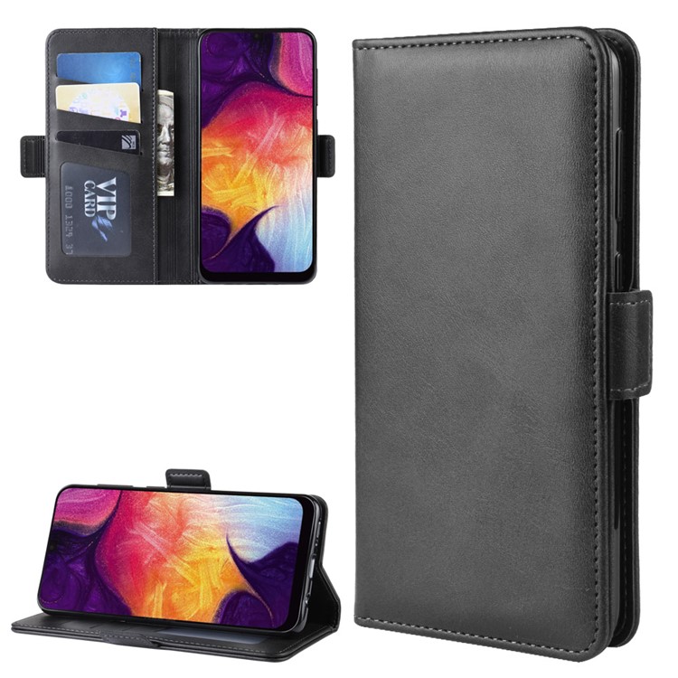 Dual-clasp Leather Wallet Stand Phone Case Cover for Samsung Galaxy A50 - Black-1