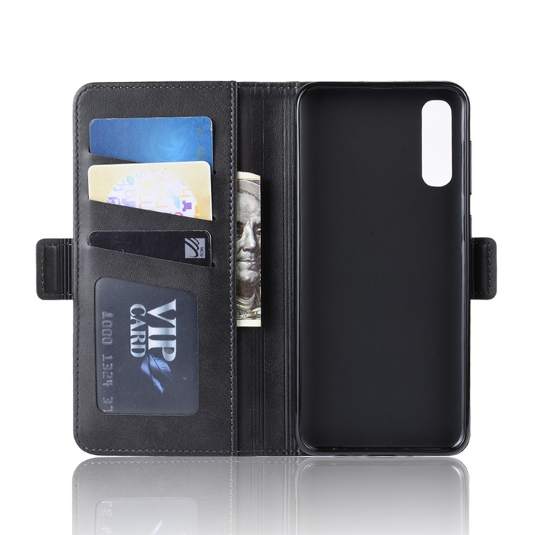 Dual-clasp Leather Wallet Stand Phone Case Cover for Samsung Galaxy A50 - Black-3