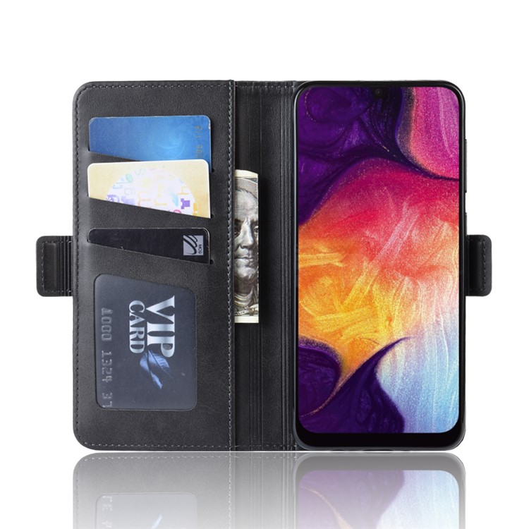 Dual-clasp Leather Wallet Stand Phone Case Cover for Samsung Galaxy A50 - Black-4