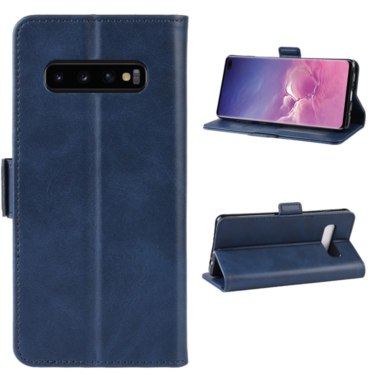 Dual-clasp Leather Wallet Stand Phone Case Cover for Samsung Galaxy S10 Plus - Dark Blue-8