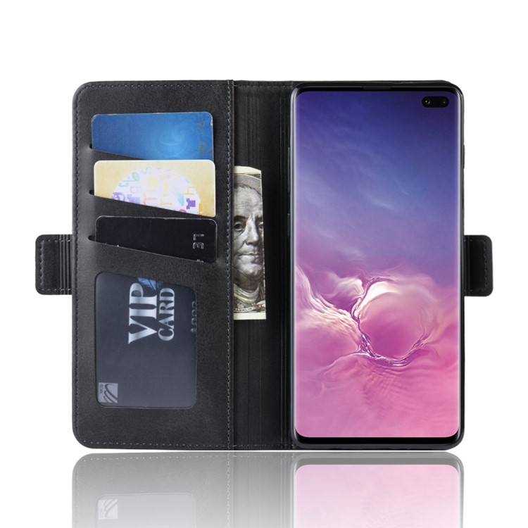 Dual-clasp Leather Wallet Stand Phone Case Cover for Samsung Galaxy S10 Plus - Black-4