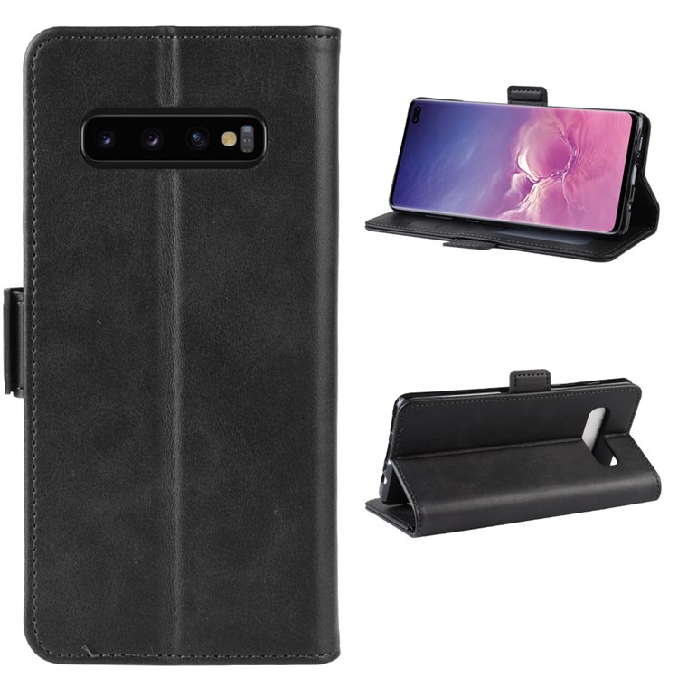 Dual-clasp Leather Wallet Stand Phone Case Cover for Samsung Galaxy S10 Plus - Black-6