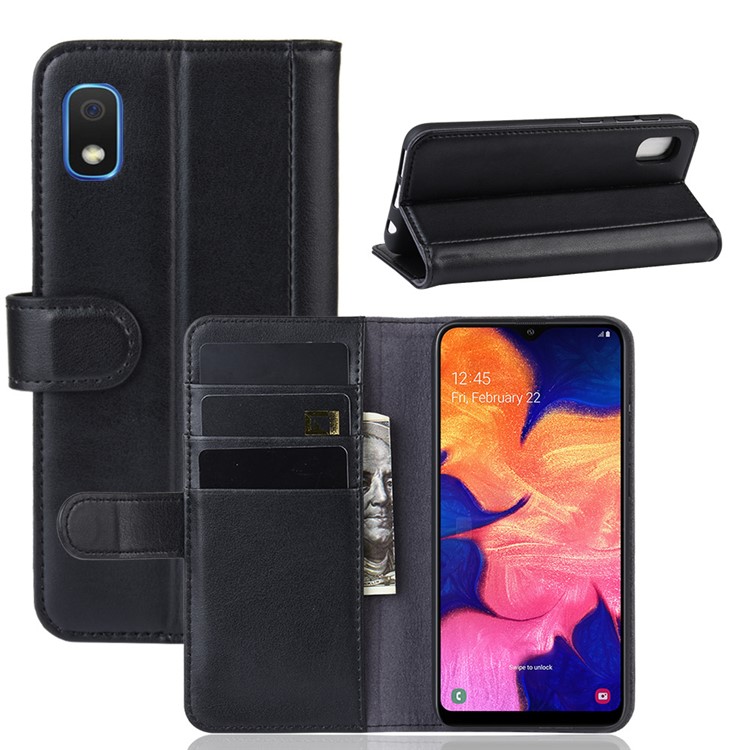 Genuine Split Leather Wallet Protective Case for Samsung Galaxy A10e - Black-1