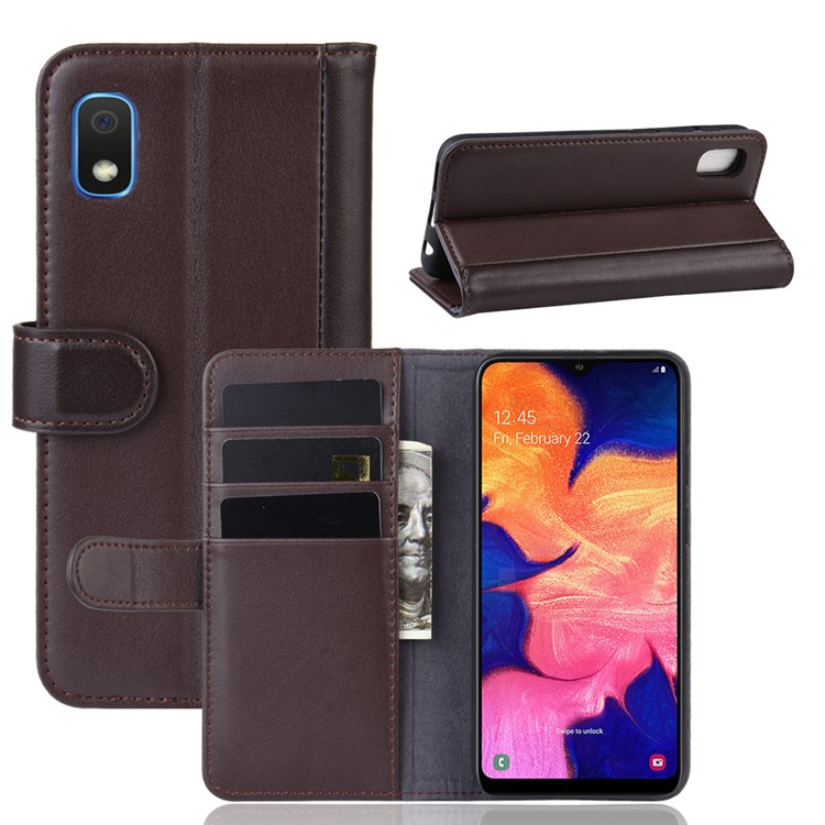 Genuine Split Leather Wallet Protective Case for Samsung Galaxy A10e - Brown-1