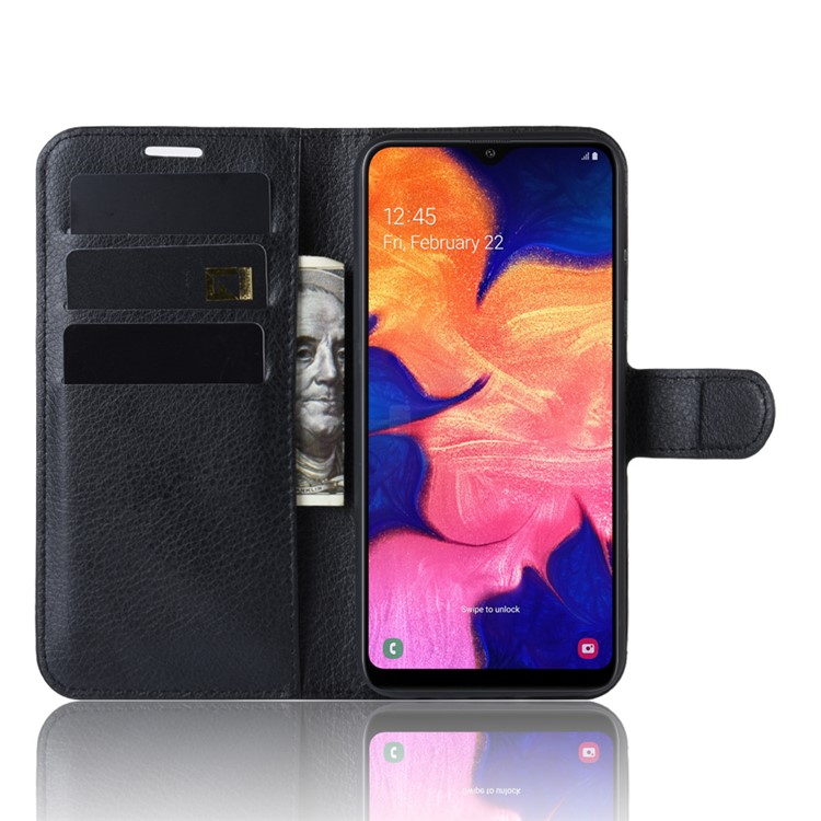 Litchi Skin Wallet Stand Stand Para Samsung Galaxy A10e - Preto