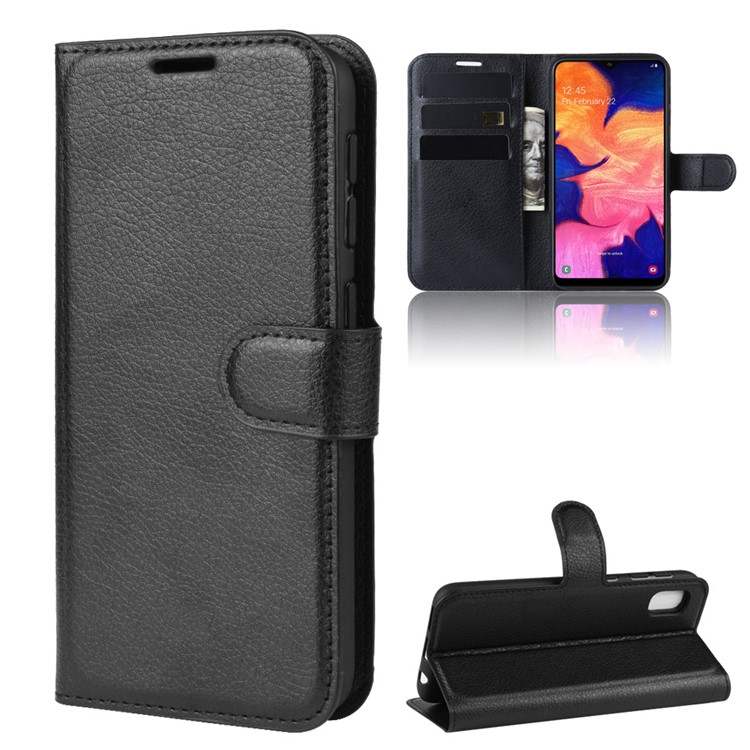 Litchi Skin Wallet Stand Stand Para Samsung Galaxy A10e - Preto