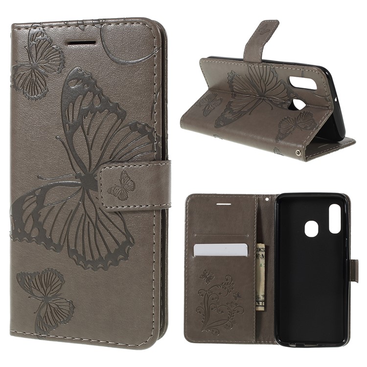 Imprint Butterfly Leather Wallet Phone Shell for Samsung Galaxy A20e - Rose Gold - Grey-1