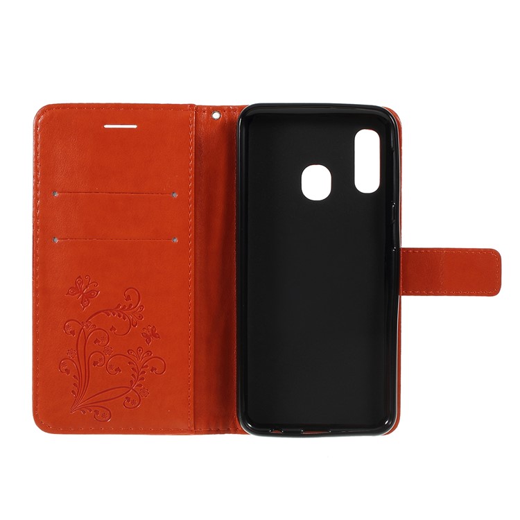 Imprint Butterfly Leather Wallet Phone Shell for Samsung Galaxy A20e - Rose Gold - Orange-4