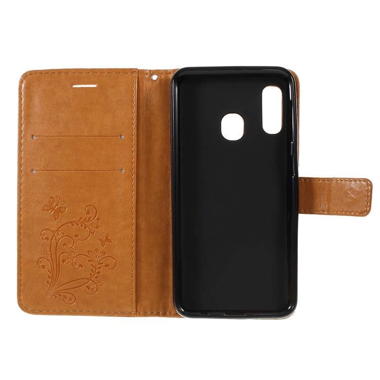 Imprint Butterfly Leather Wallet Phone Shell for Samsung Galaxy A20e - Rose Gold - Light Brown-4