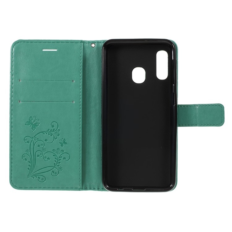 Imprint Butterfly Leather Wallet Phone Shell for Samsung Galaxy A20e - Rose Gold - Green-4