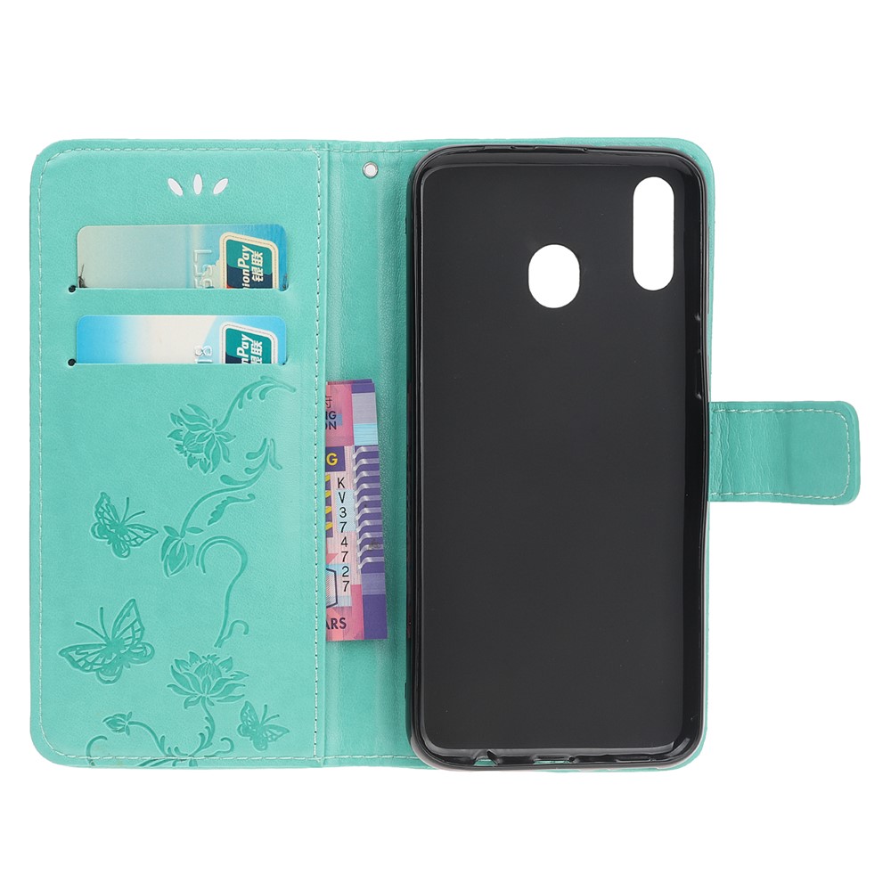Imprint Butterfly Flowers Leather Wallet Case for Samsung Galaxy A20e - Green-5