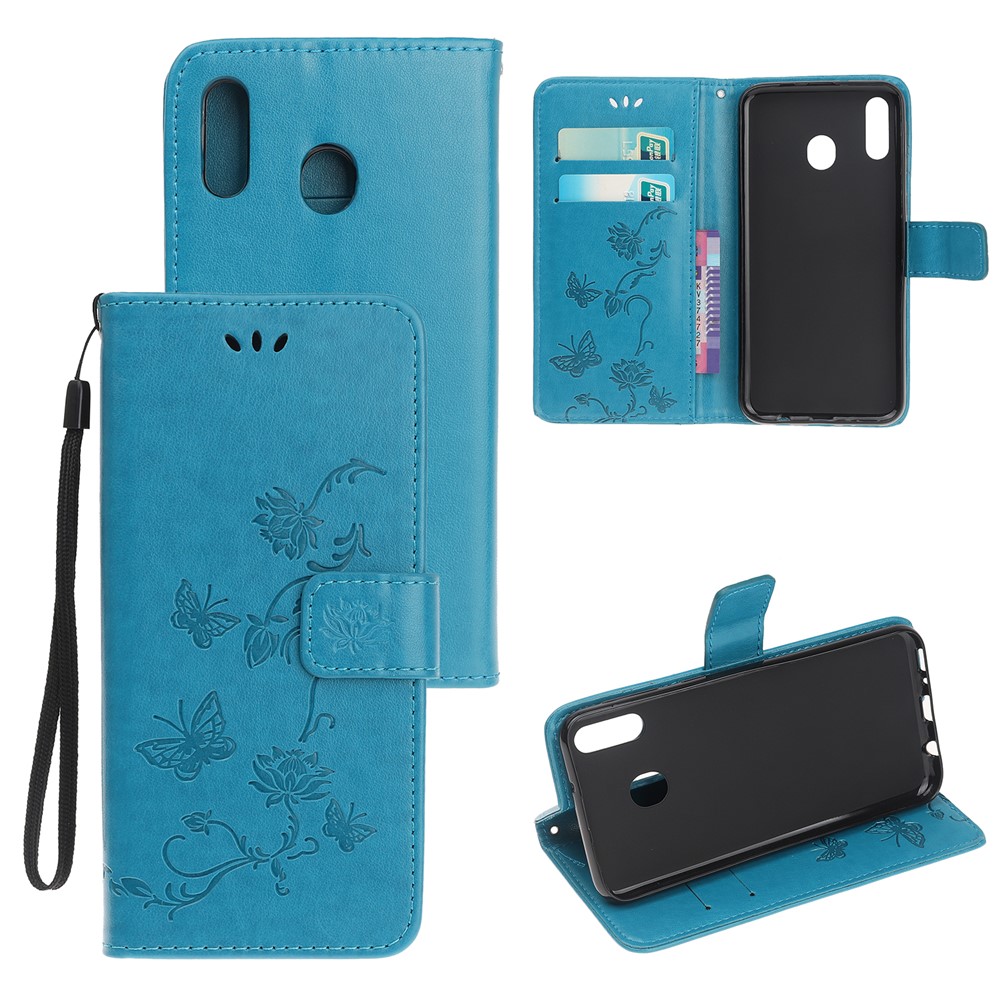 Abdruck Schmetterlingsblumen Leder Brieftasche Für Samsung Galaxy A20e - Blau