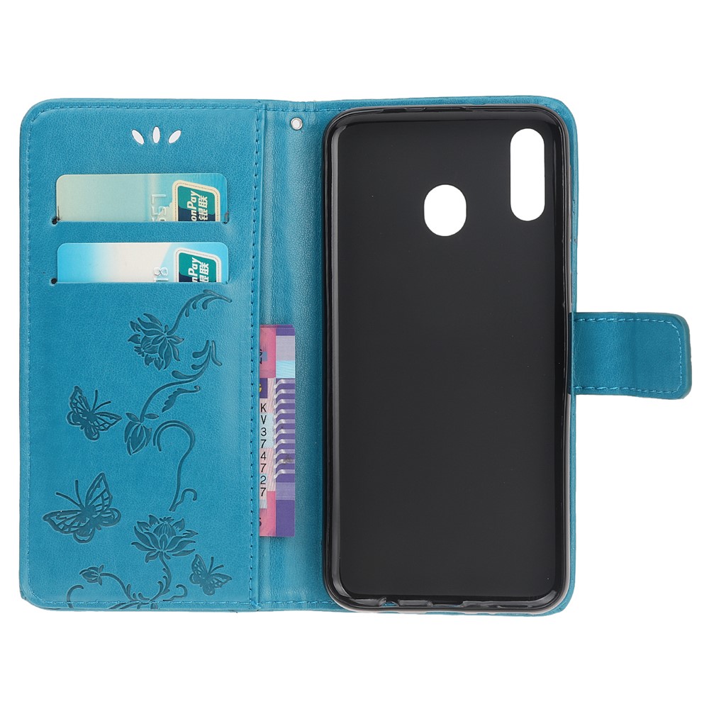 Impresión Flores de Mariposa Case de Billetera de Cuero Para Samsung Galaxy A20e - Azul