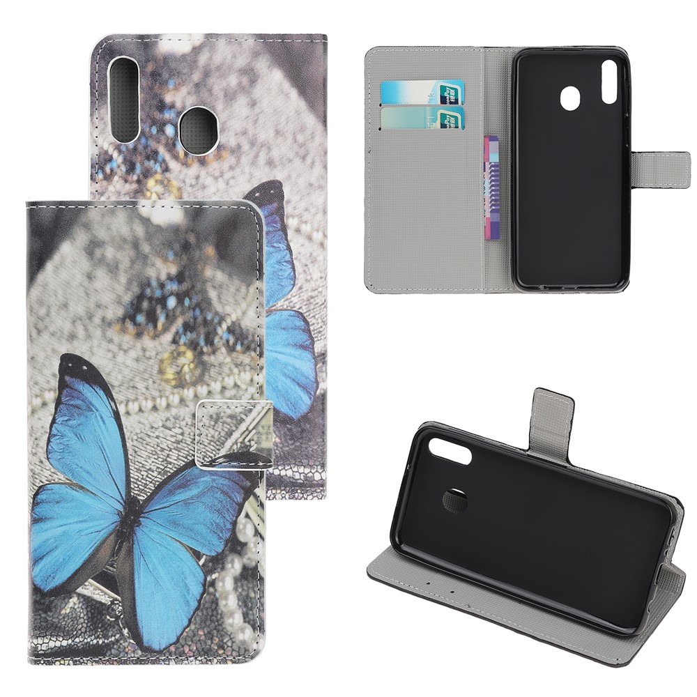 Caso Do Telefone Da Carteira Do Couro Da Aleta Da Impressão Do Teste Padrão Para A Galáxia A20e De Samsung - Borboleta Azul-1