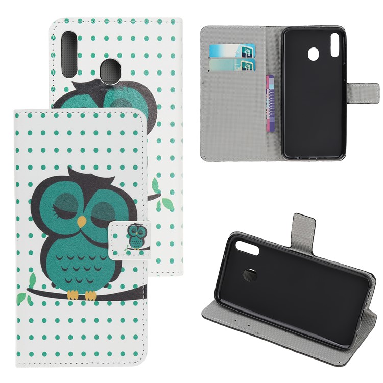 Pattern Printing Flip Leather Wallet Phone Case for Samsung Galaxy A20e - Green Napping Owl-1
