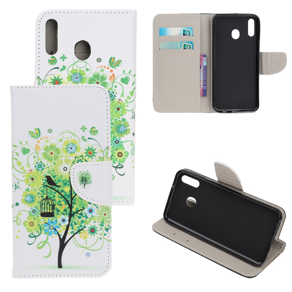 Cross Texture Pattern Printing Flip Leather Wallet Case for Samsung Galaxy A20e - Green Tree with Birdcage-1