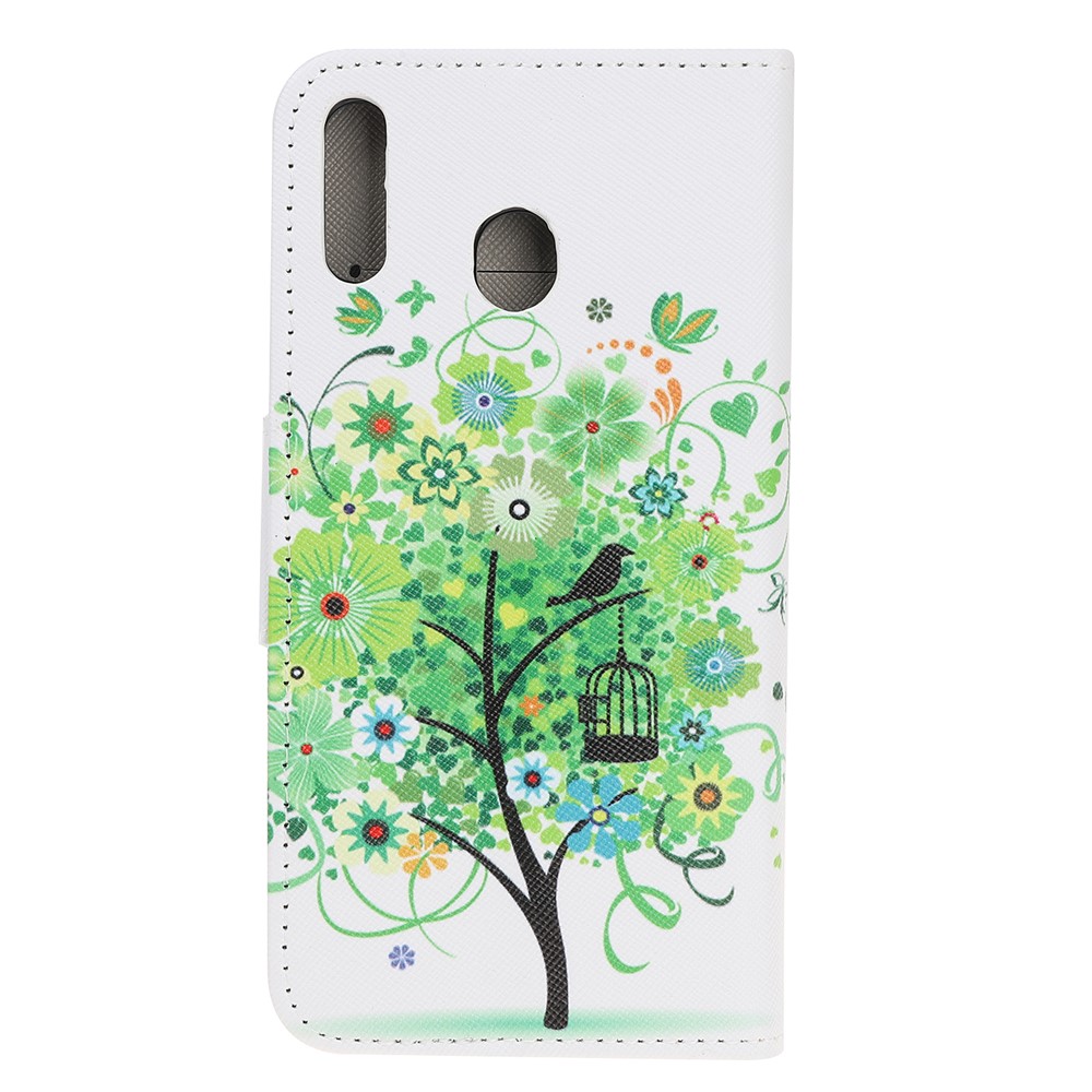 Cross Texture Pattern Printing Flip Leather Wallet Case for Samsung Galaxy A20e - Green Tree with Birdcage-3