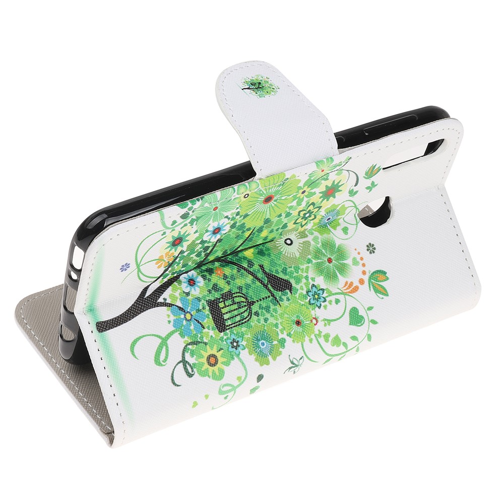 Cross Texture Pattern Printing Flip Leather Wallet Case for Samsung Galaxy A20e - Green Tree with Birdcage-4