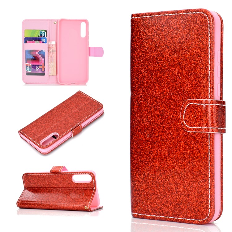 Flash Powder Leather Wallet Cover for Samsung Galaxy A50 - Red-1
