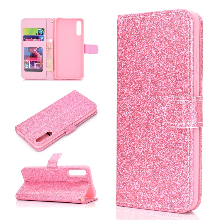 Flash Powder Leather Wallet Cover for Samsung Galaxy A50 - Pink-1