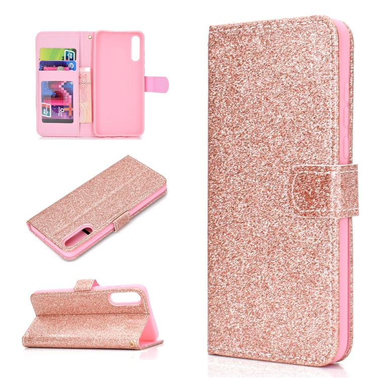 Flash Powder Leather Wallet Cover for Samsung Galaxy A50 - Rose Gold-1