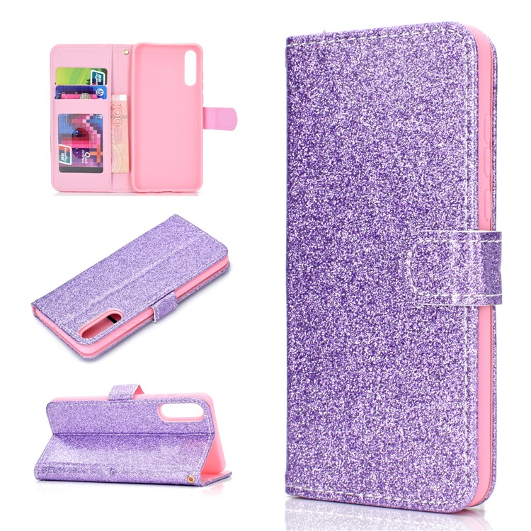Flash Powder Leather Wallet Cover for Samsung Galaxy A50 - Purple-1