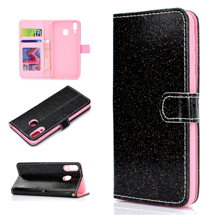 Glitter Powder Magnetic Stand Wallet PU Leather Case for Samsung Galaxy A40 - Black-1