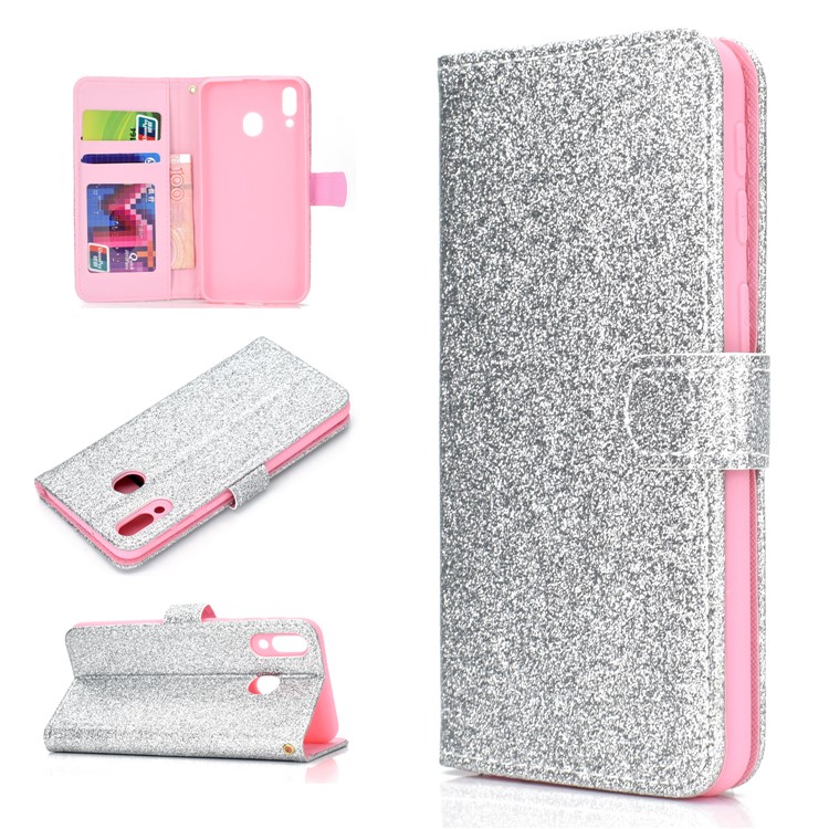 Glitter Powder Magnetic Stand Wallet PU Leather Case for Samsung Galaxy A40 - Silver-1