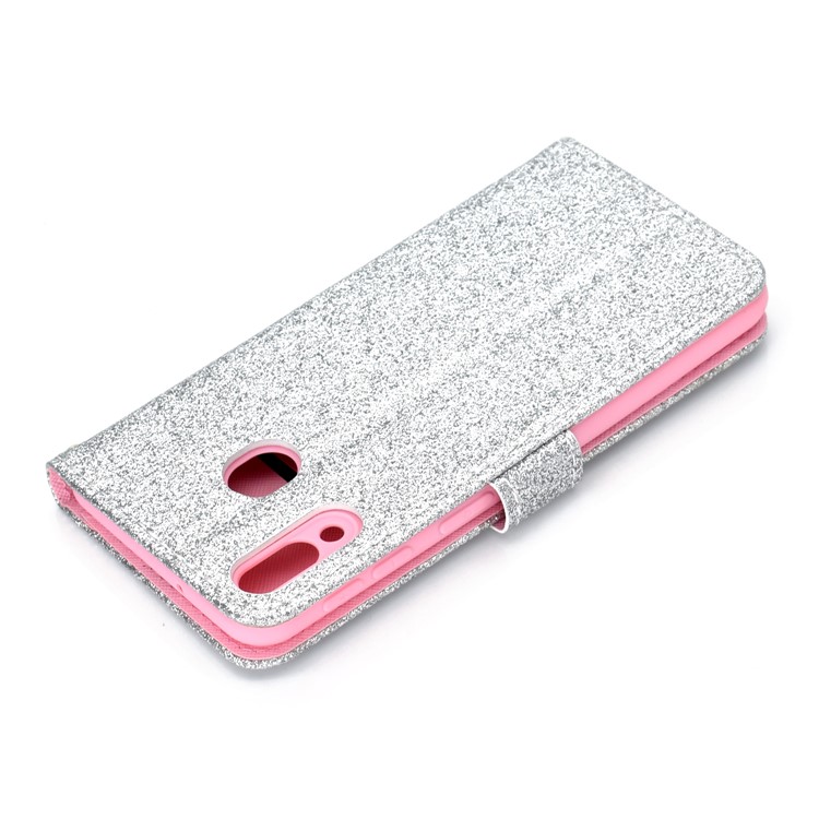 Glitter Powder Magnetic Stand Wallet PU Leather Case for Samsung Galaxy A40 - Silver-10