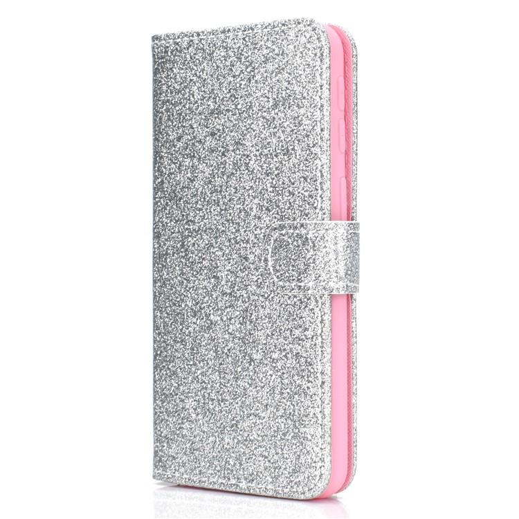 Glitter Powder Magnetic Stand Wallet PU Leather Case for Samsung Galaxy A40 - Silver-3