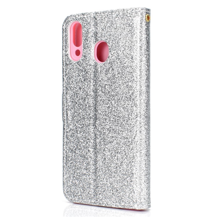 Glitter Powder Magnetic Stand Wallet PU Leather Case for Samsung Galaxy A40 - Silver-4