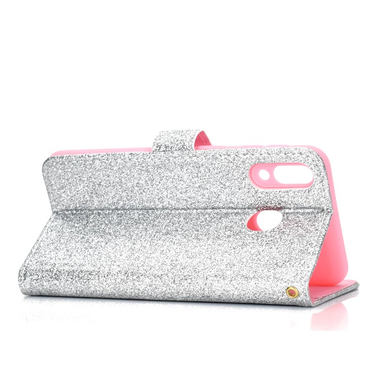 Glitter Powder Magnetic Stand Wallet PU Leather Case for Samsung Galaxy A40 - Silver-5