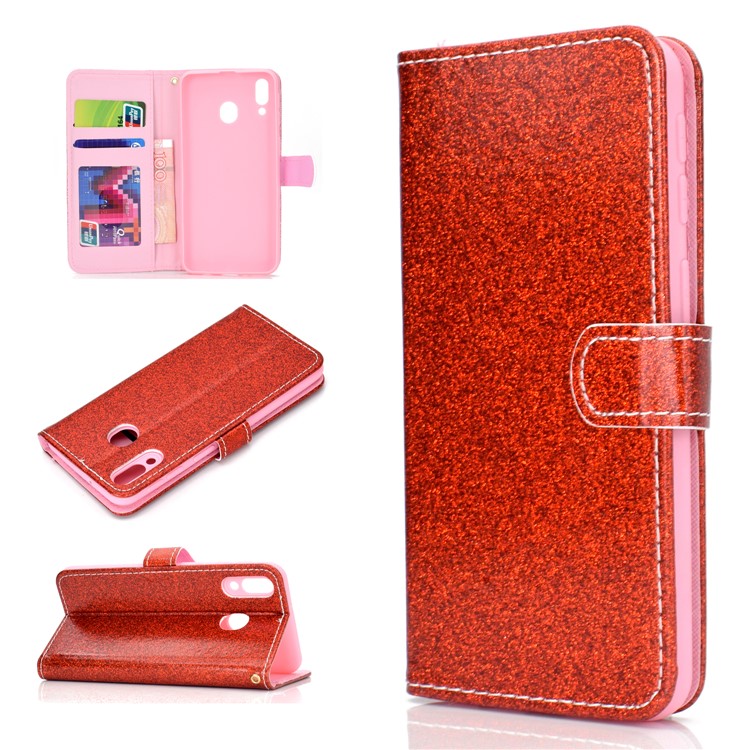 Glitter Powder Magnetic Stand Wallet PU Leather Case for Samsung Galaxy A40 - Red-1