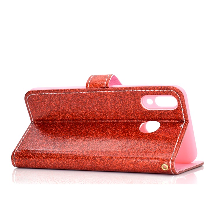 Glitter Powder Magnetic Stand Wallet PU Leather Case for Samsung Galaxy A40 - Red-5
