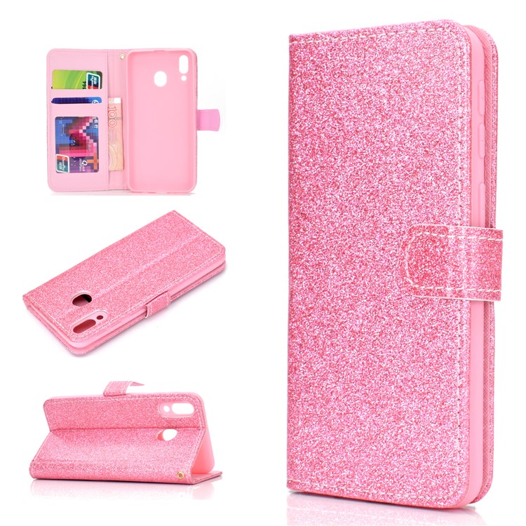 Glitter Powder Magnetic Stand Wallet PU Leather Case for Samsung Galaxy A40 - Pink-1