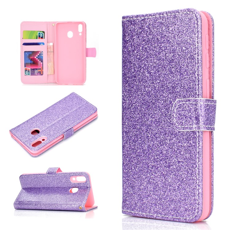 Glitter Powder Magnetic Stand Wallet PU Leather Case for Samsung Galaxy A40 - Purple-1