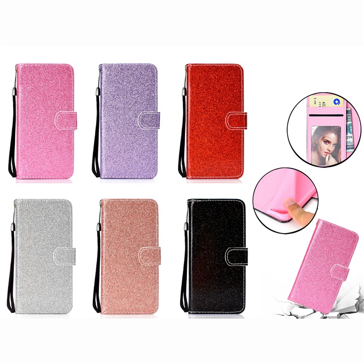 Flash Powder Leather Wallet Phone Case for Samsung Galaxy A20e - Black-14