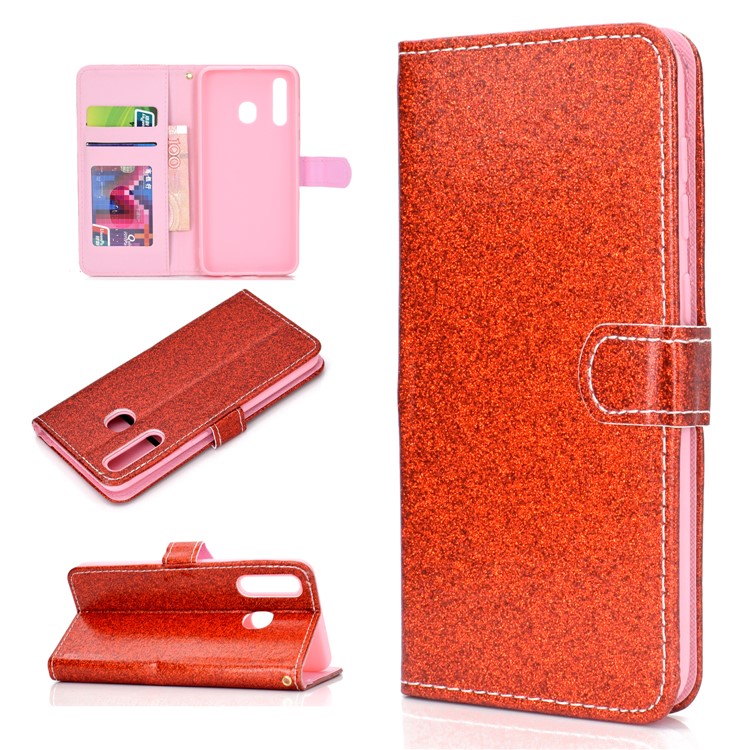 Flash Powder Leather Wallet Phone Case for Samsung Galaxy A20e - Red-1