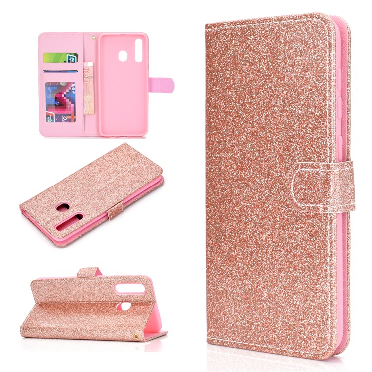 Flash Powder Leather Wallet Phone Case for Samsung Galaxy A20e - Rose Gold-1