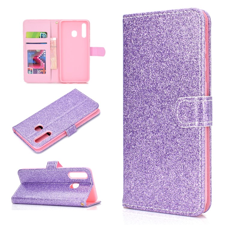 Flash Powder Leather Wallet Phone Case for Samsung Galaxy A20e - Purple-1