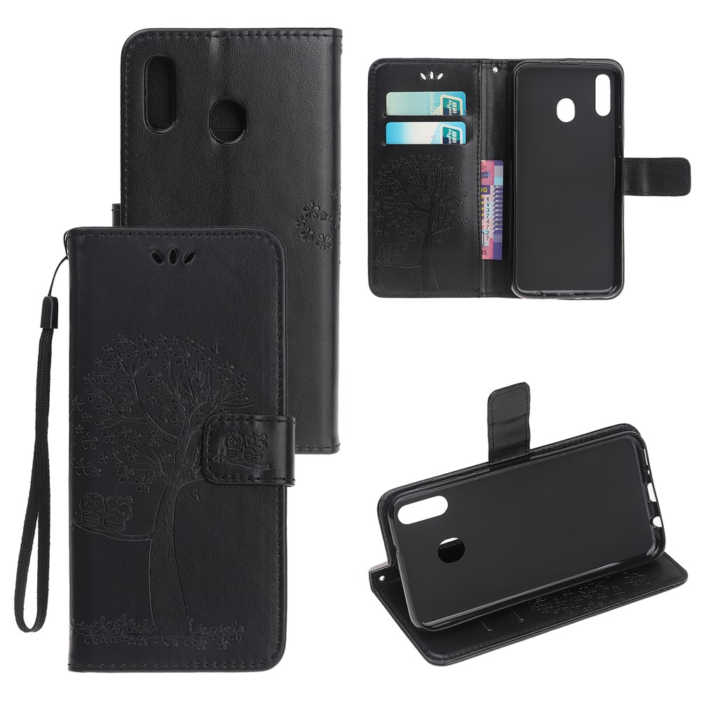 Imprint Tree + Owl le Cuir Portefeuille Case de Téléphone Pour Samsung Galaxy A20e - le Noir