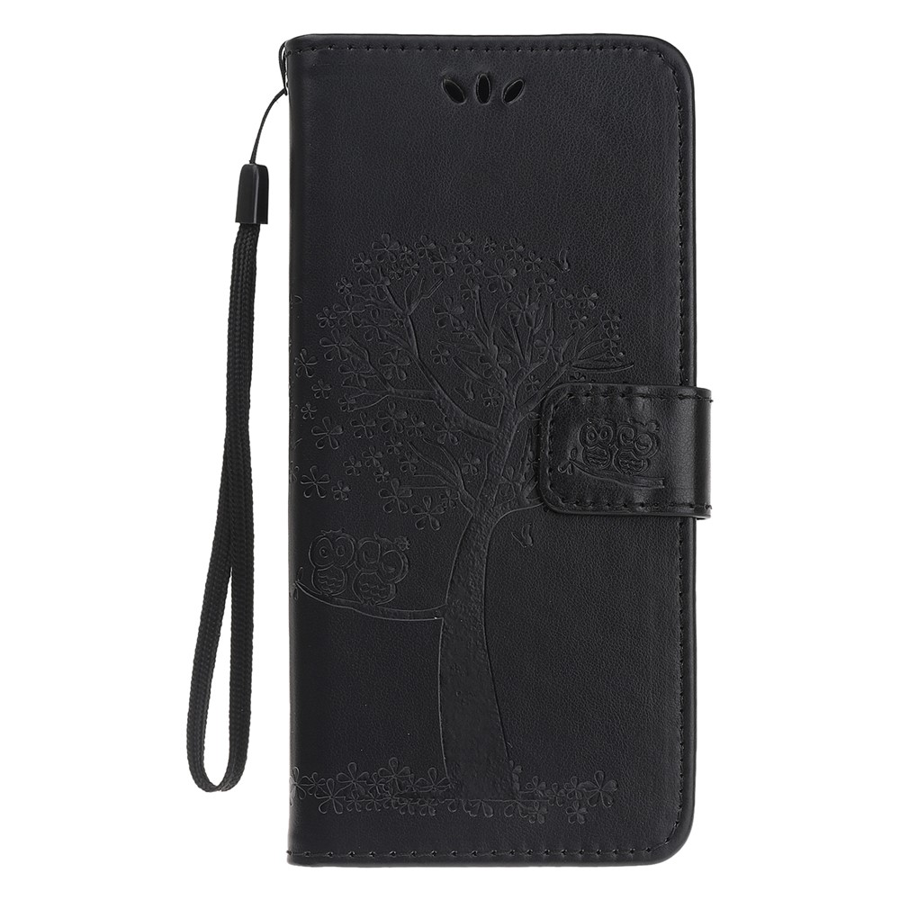 Imprint Tree + Owl le Cuir Portefeuille Case de Téléphone Pour Samsung Galaxy A20e - le Noir